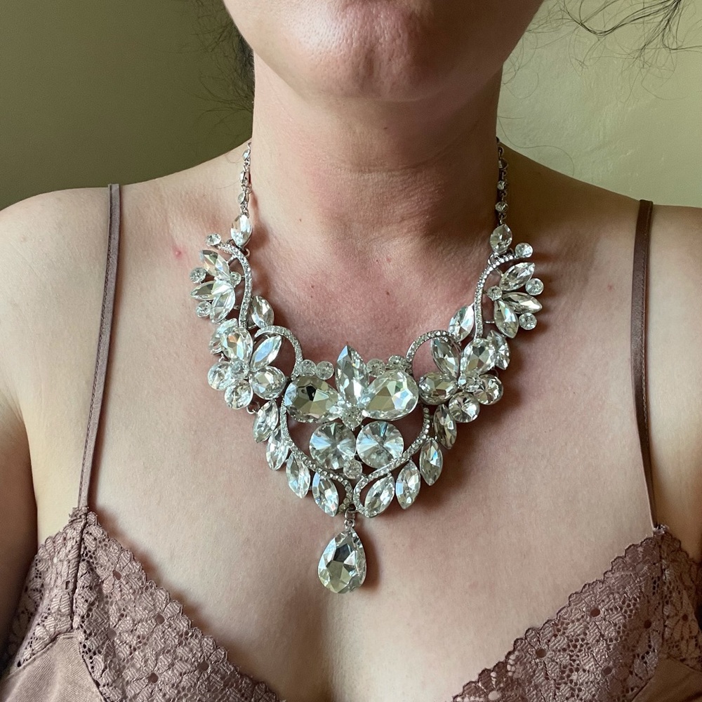 White Flower Drop Crystal Necklace